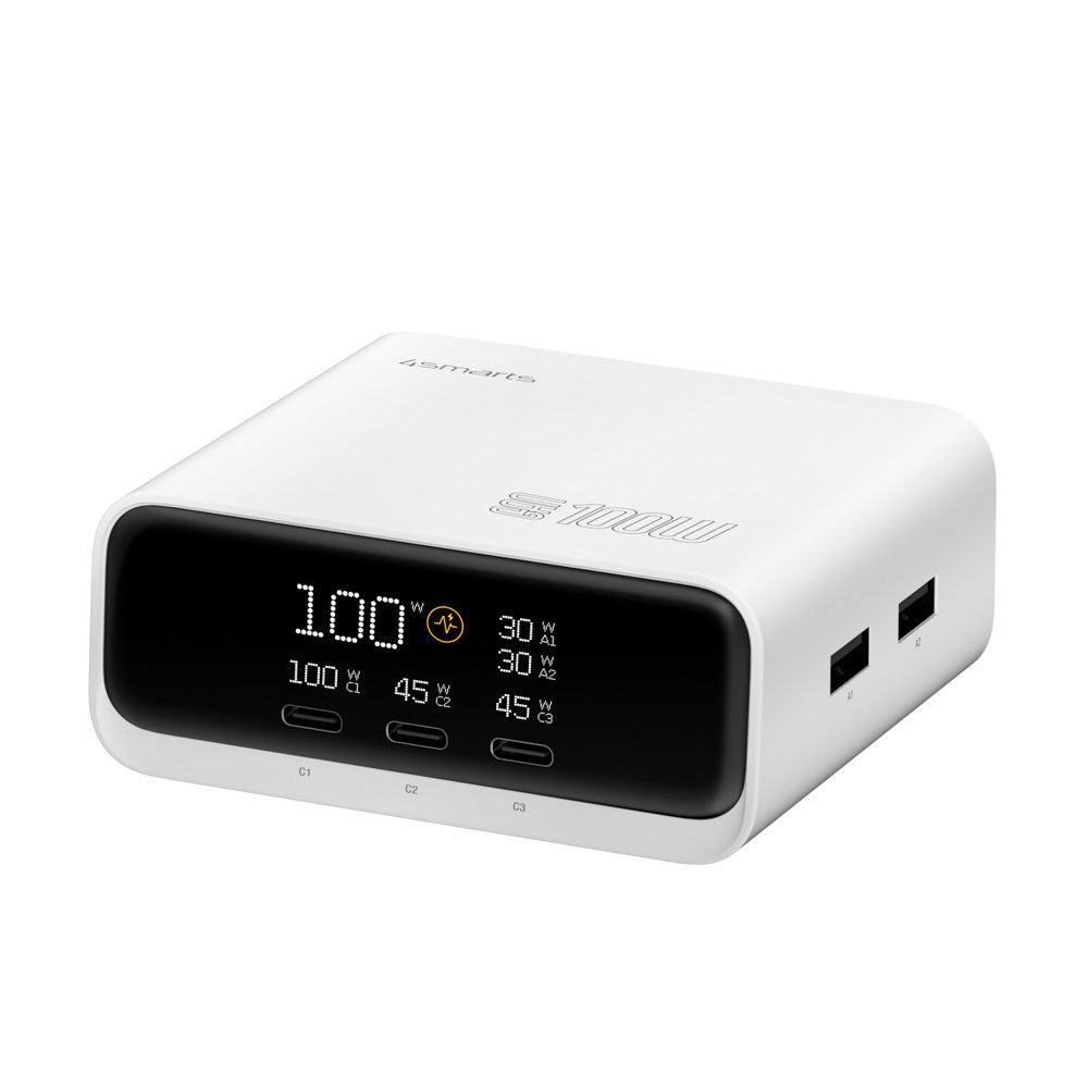 4smarts GaN Bordladdare m. Skärm - 100W / 3x USB-C & 2x USB-A - Vit