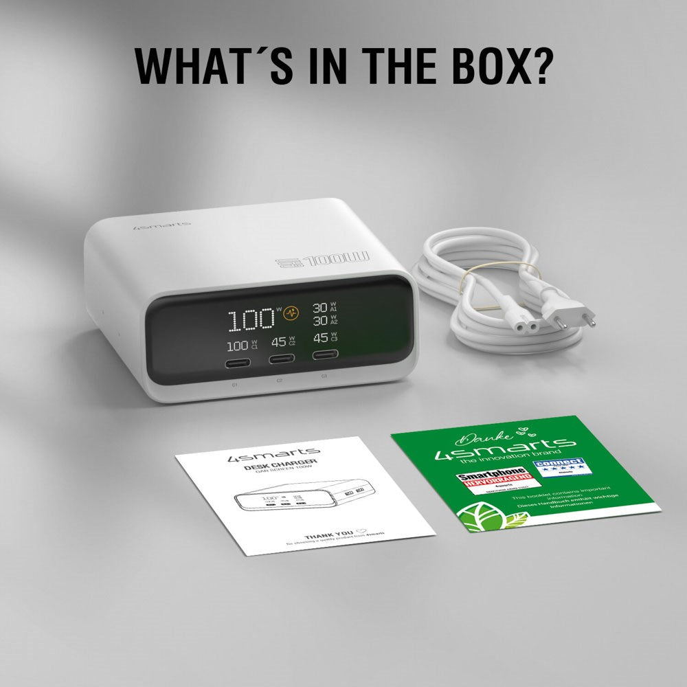 4smarts GaN Bordladdare m. Skärm - 100W / 3x USB-C & 2x USB-A - Vit