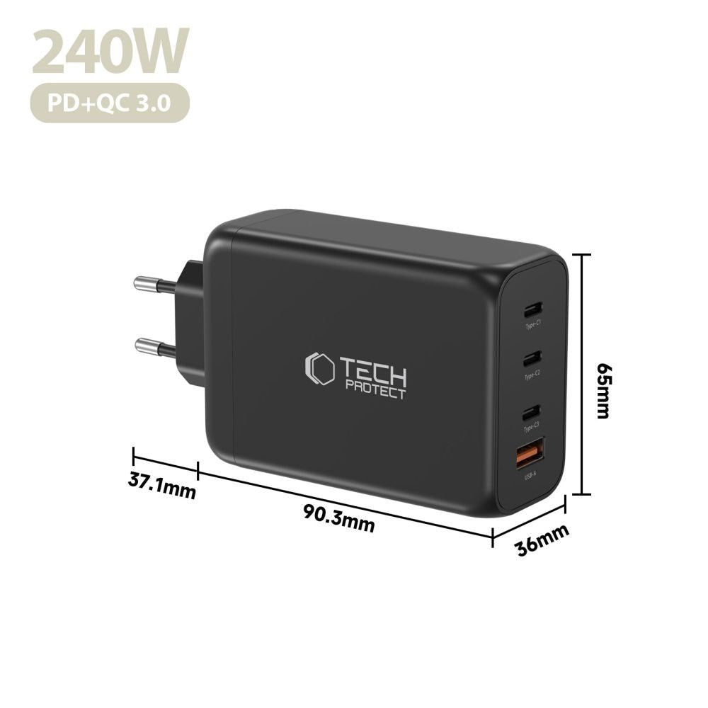 Tech-Protect 240W Väggladdare m. 3x USB-C & 1x USB-A - Svart