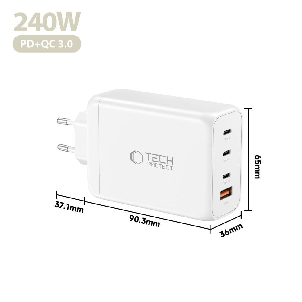 Tech-Protect 240W Väggladdare m. 3x USB-C & 1x USB-A - Vit
