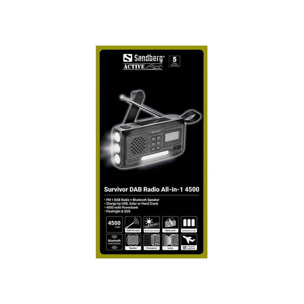 Sandberg Active Survivor Nödradio med 4500mAh Solcellsbatteri & DAB / FM-radio - Svart
