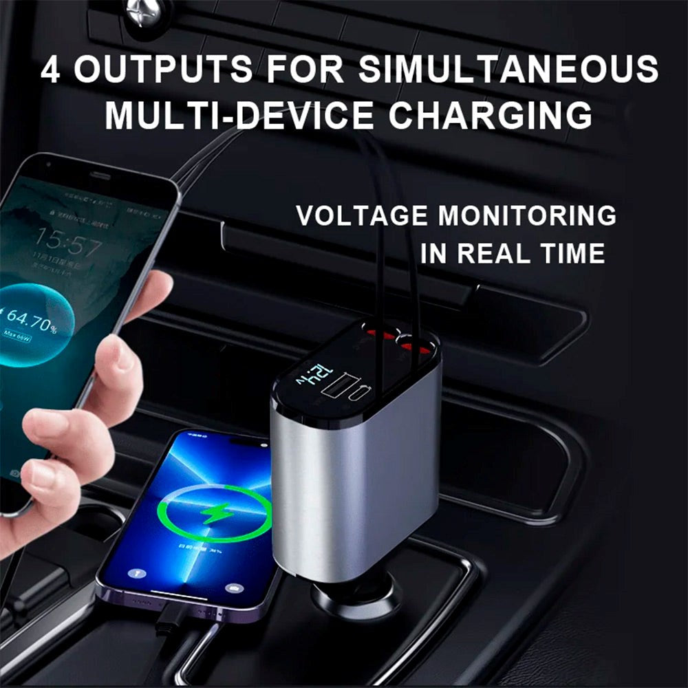 Zmartgear 4-i-1 60W Billaddare med Infällbar Lightning-kabel & USB-C - USB-C & USB-A-port - Svart