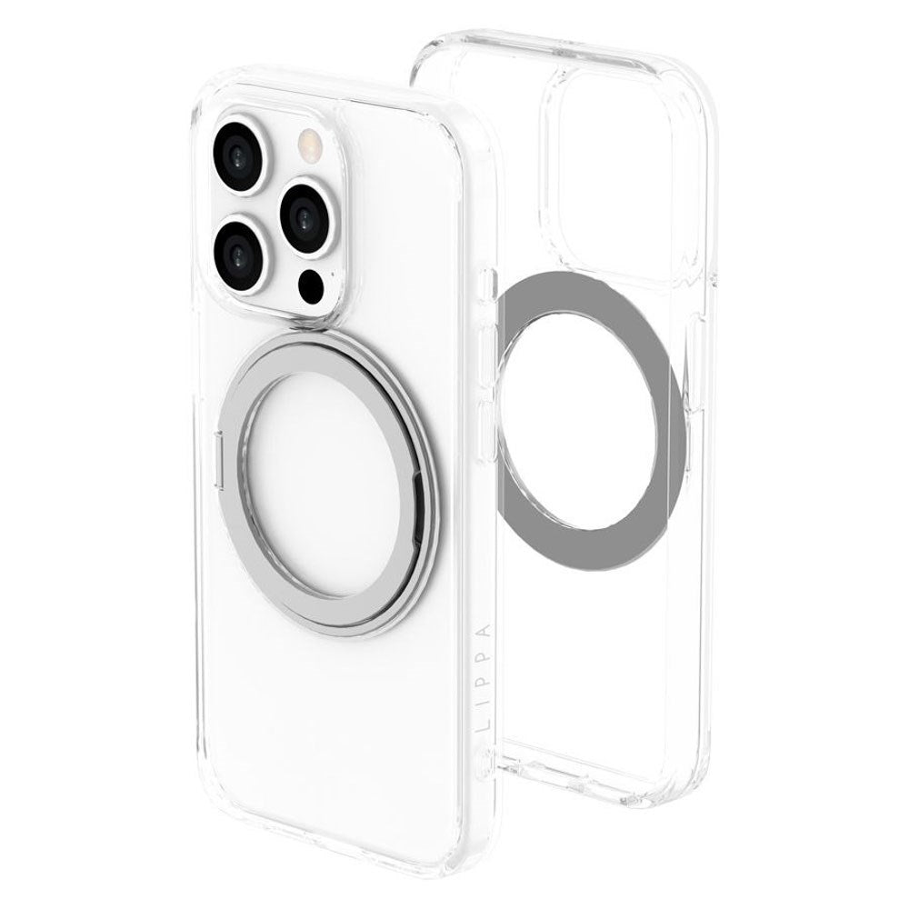 iPhone 15 Pro Lippa Hybrid Plast Skal med 360 Graders Roterande Kickstand - MagSafe Kompatibelt - Transparent / Silver