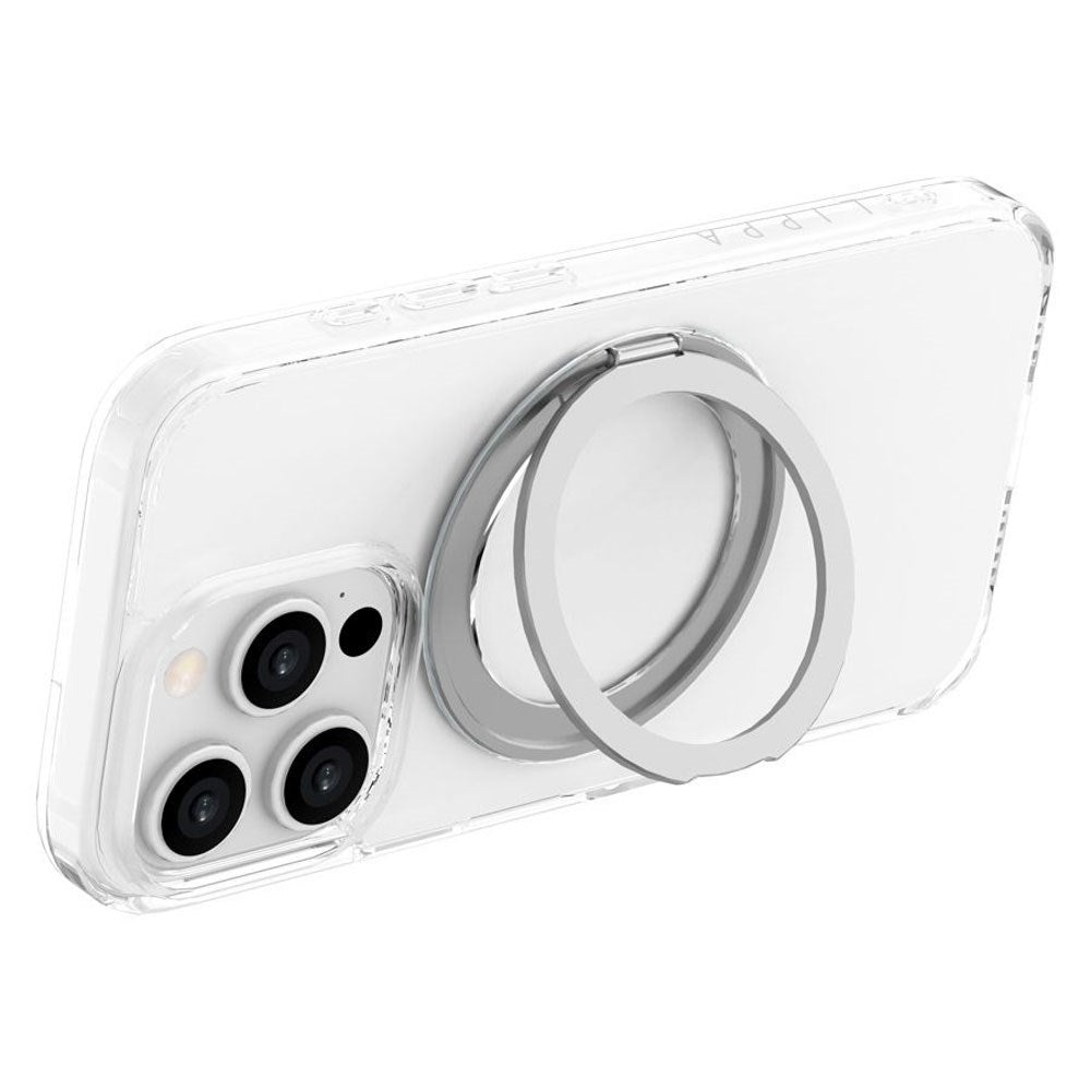 iPhone 16 Pro Lippa Hybrid Plast Skal med 360 Graders Roterande Kickstand - MagSafe Kompatibelt - Genomskinlig / Silver