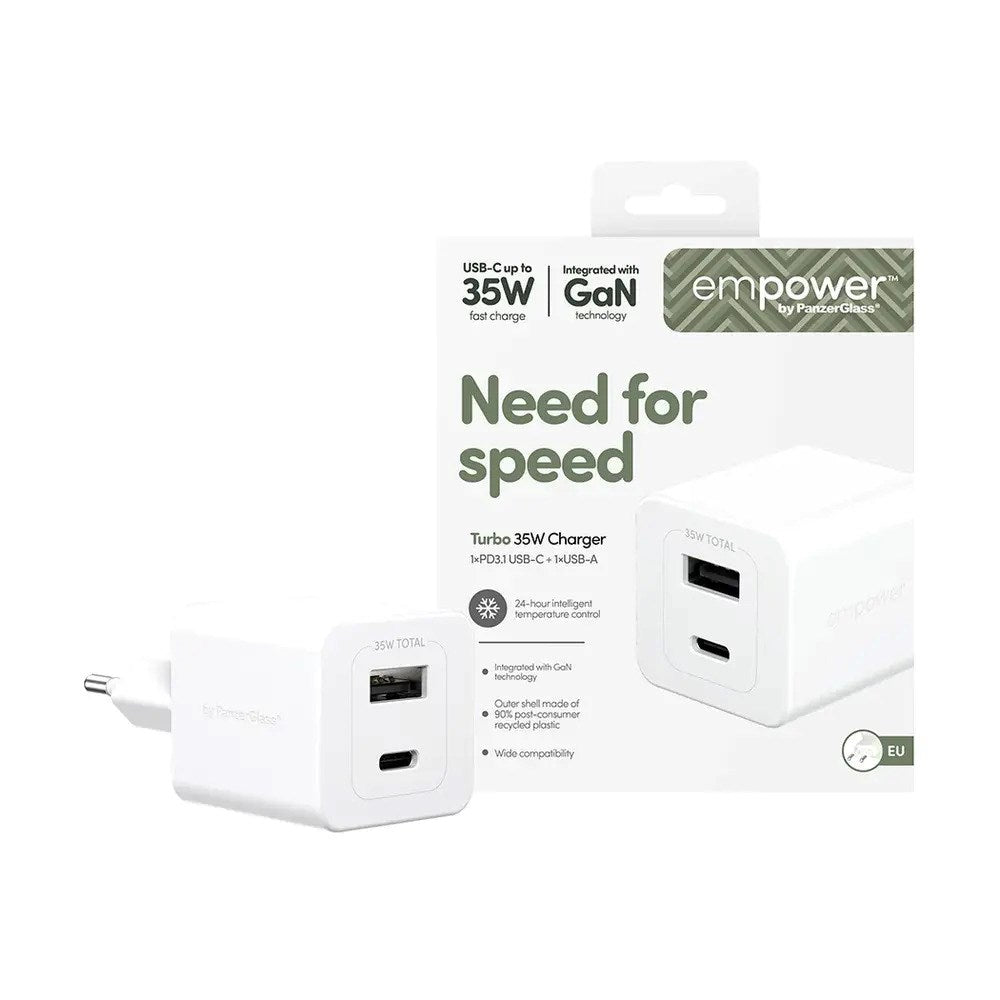 empower by PanzerGlass Turbo 35W Väggladdare m. 1x USB-A & 1x USB-C – Silver White