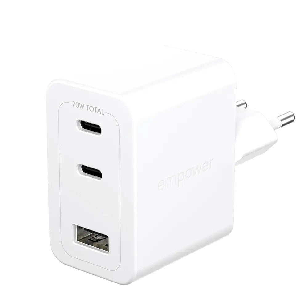 empower by PanzerGlass Turbo 70W Väggladdare m. 1x USB-A & 2x USB-C - Silver White