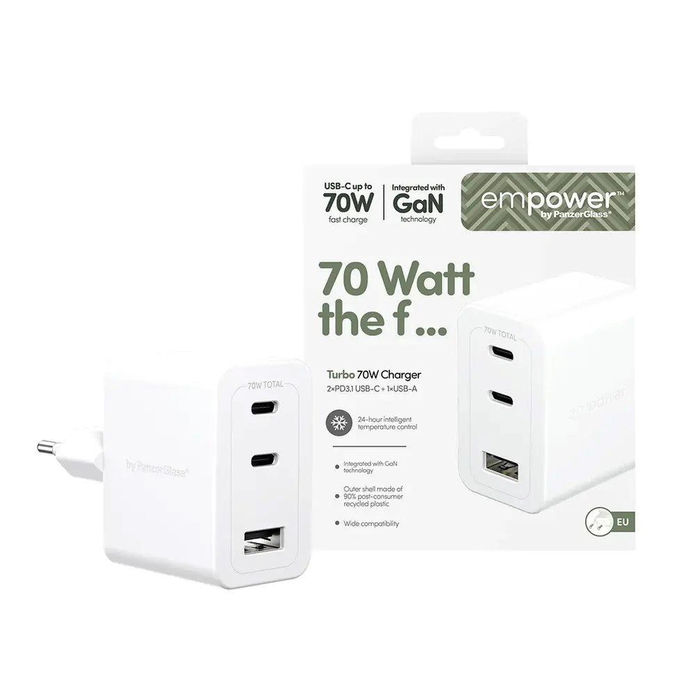 empower by PanzerGlass Turbo 70W Väggladdare m. 1x USB-A & 2x USB-C - Silver White