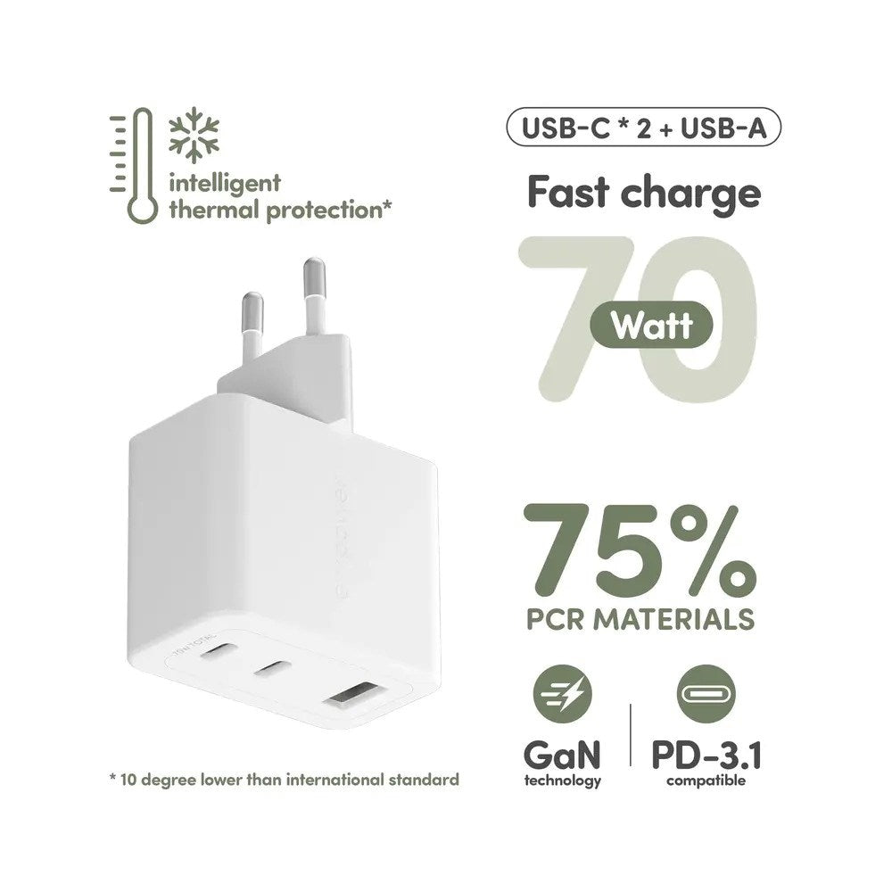 empower by PanzerGlass Turbo 70W Väggladdare m. 1x USB-A & 2x USB-C - Silver White