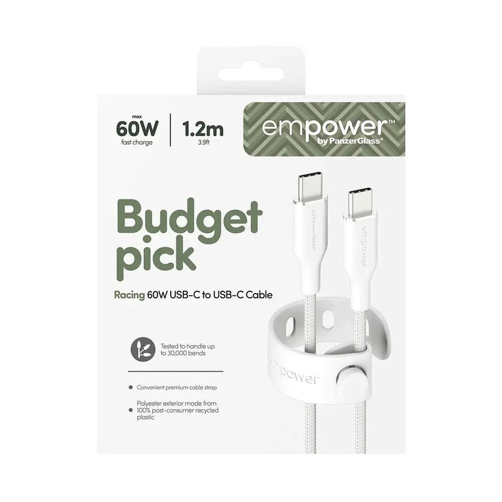 empower by PanzerGlass Racing 60W USB-C till USB-C Kabel – 1.2m – Silver White