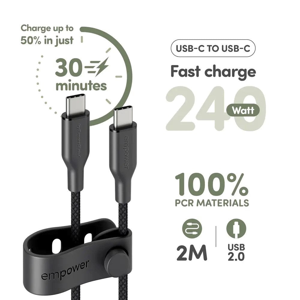 empower by PanzerGlass Racing 240W USB-C till USB-C Kabel – 2m – Space Black