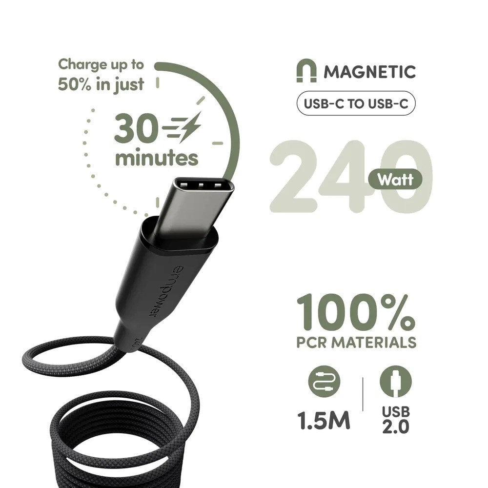 empower by PanzerGlass Magnetic 240W USB-C till USB-C Kabel – 1.5m – Space Black