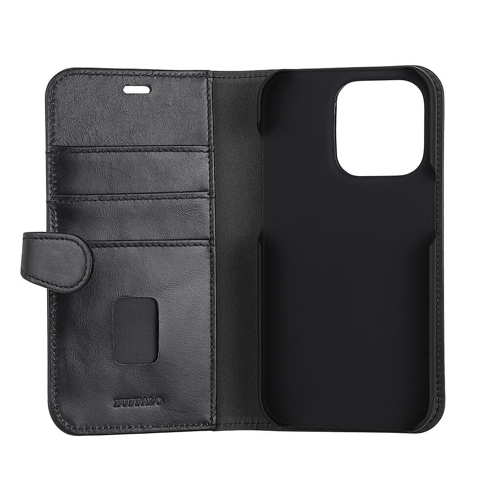 iPhone 14 Pro Buffalo Wallet Magnetiskt Plånboksfodral Äkta Läder - Svart