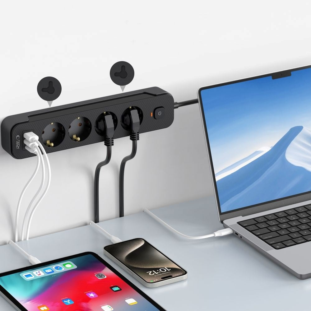Tech-Protect Multifunktionell Grenuttag med 4 x Uttag / 2 x USB-A / 1 x USB-C - 2m - Svart
