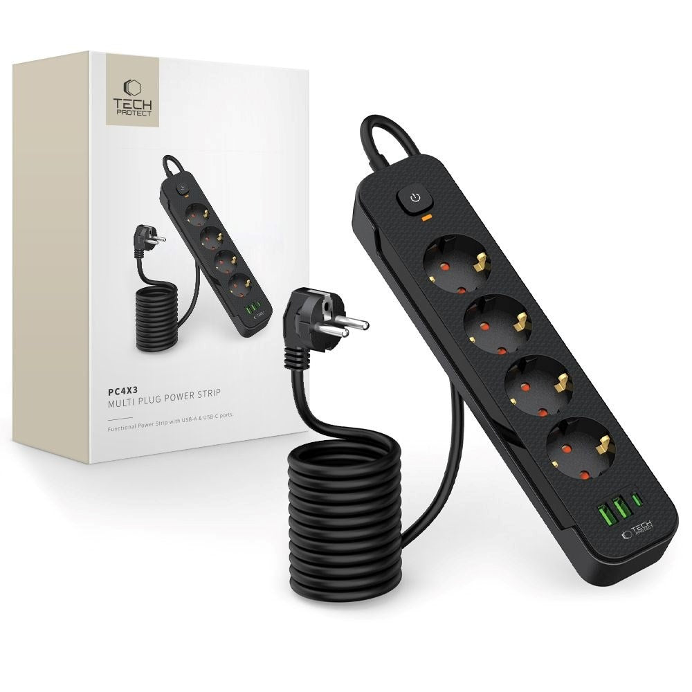 Tech-Protect Multifunktionell Grenuttag med 4 x Uttag / 2 x USB-A / 1 x USB-C - 2m - Svart