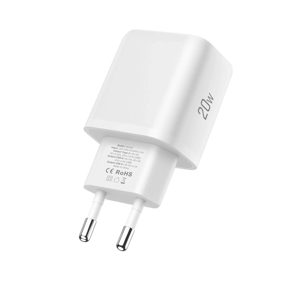 Tech-Protect NCA20 Väggladdare med 20W - 1 x USB-A & 1 x USB-C - Vit