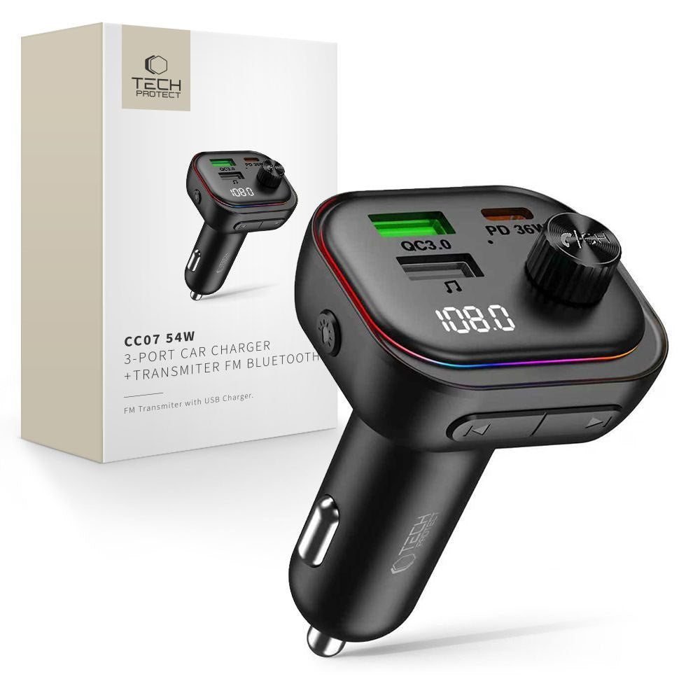 Tech-Protect Billaddare m. USB-A & USB-C / FM Bluetooth Transmitter - Svart