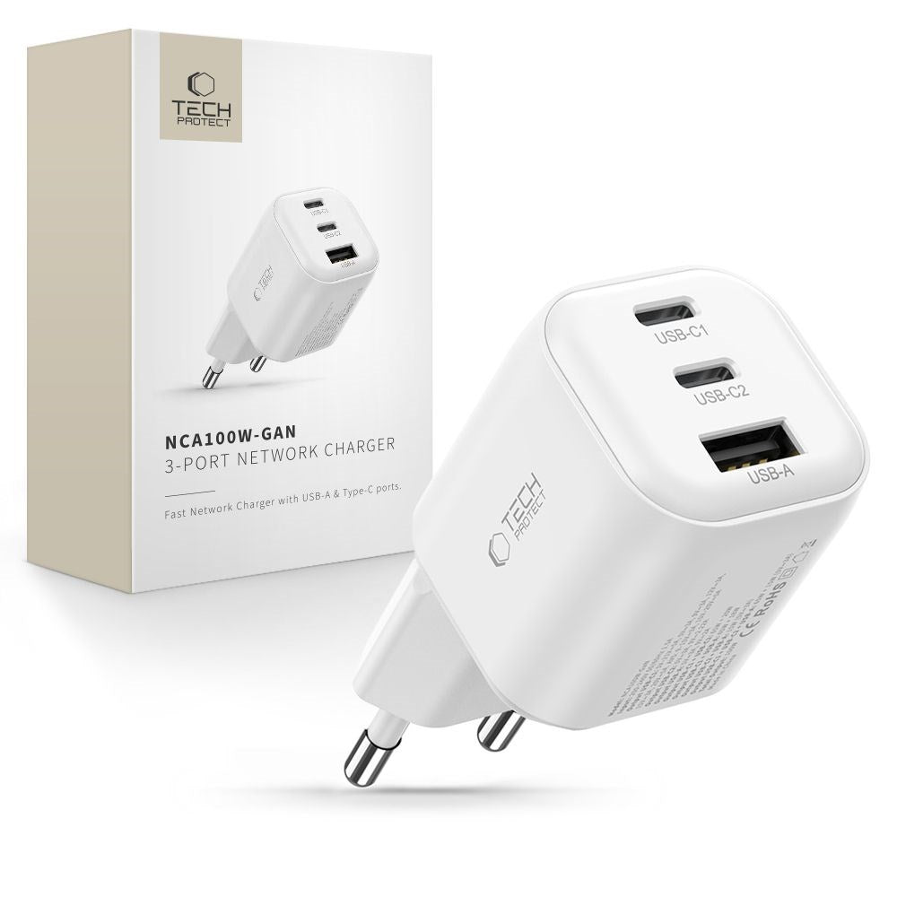 Tech-Protect 100W Väggladdare - 1 x USB-A - 2 x USB-C - Vit