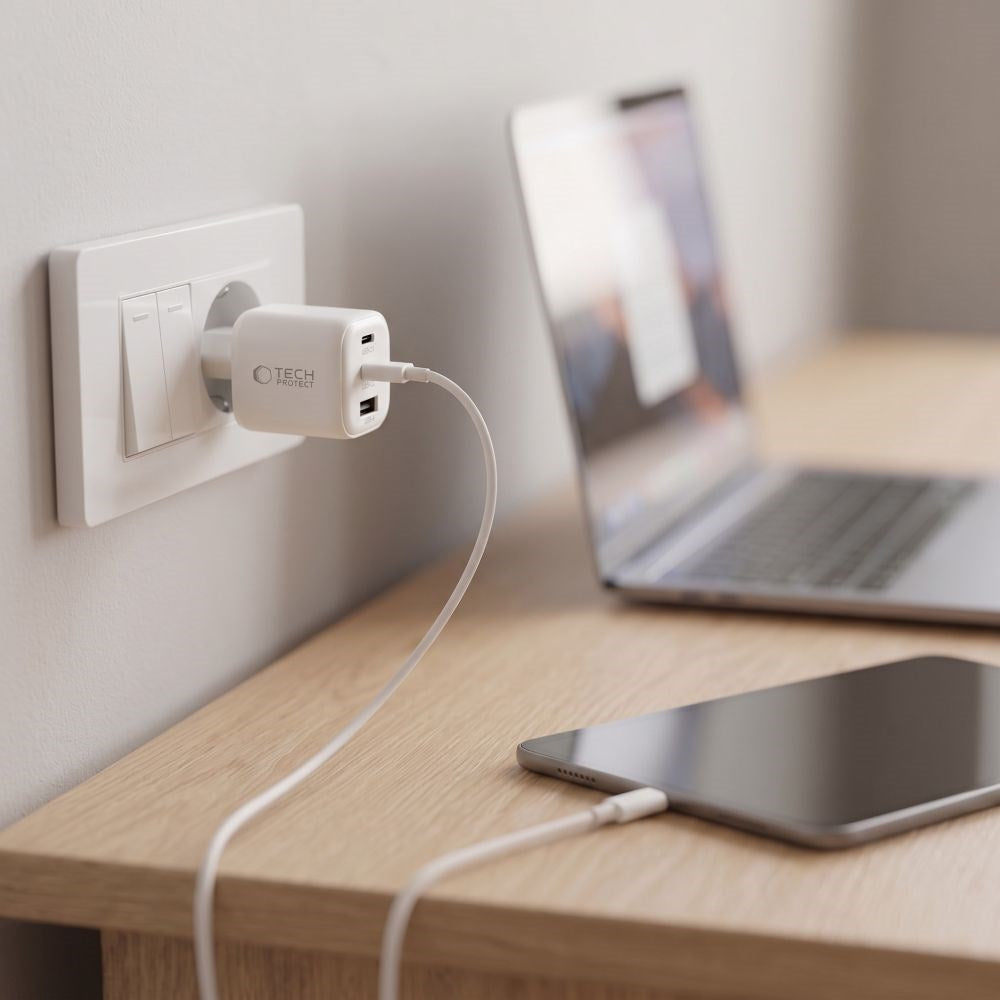 Tech-Protect 100W Väggladdare - 1 x USB-A - 2 x USB-C - Vit