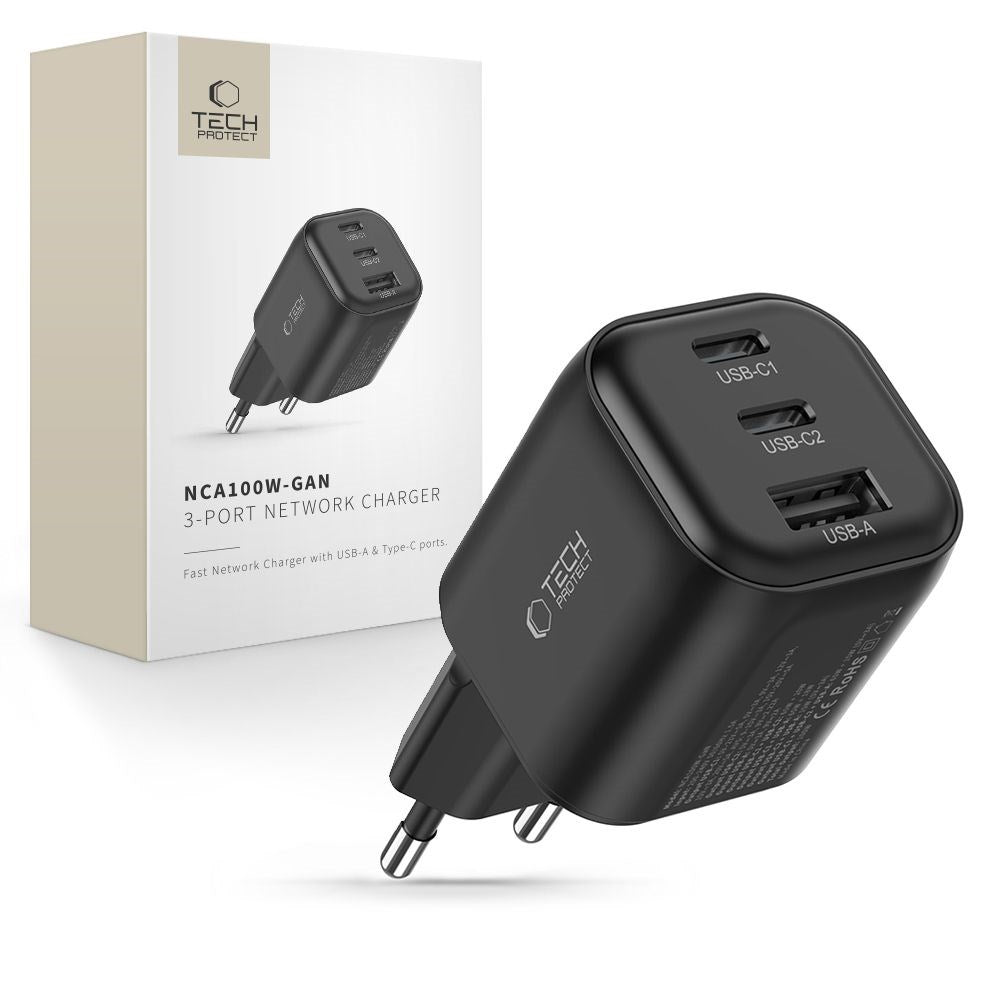 Tech-Protect 100W Väggladdare - 1 x USB-A - 2 x USB-C - Svart