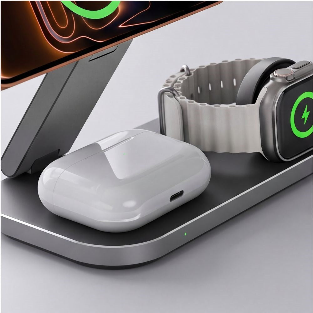 Tech-Protect A52 3-i-1 25W Trådlös Laddare till Smartphone + Smartklocka + Hörlurar - MagSafe / Qi2 Kompatibel - Mörkgrå
