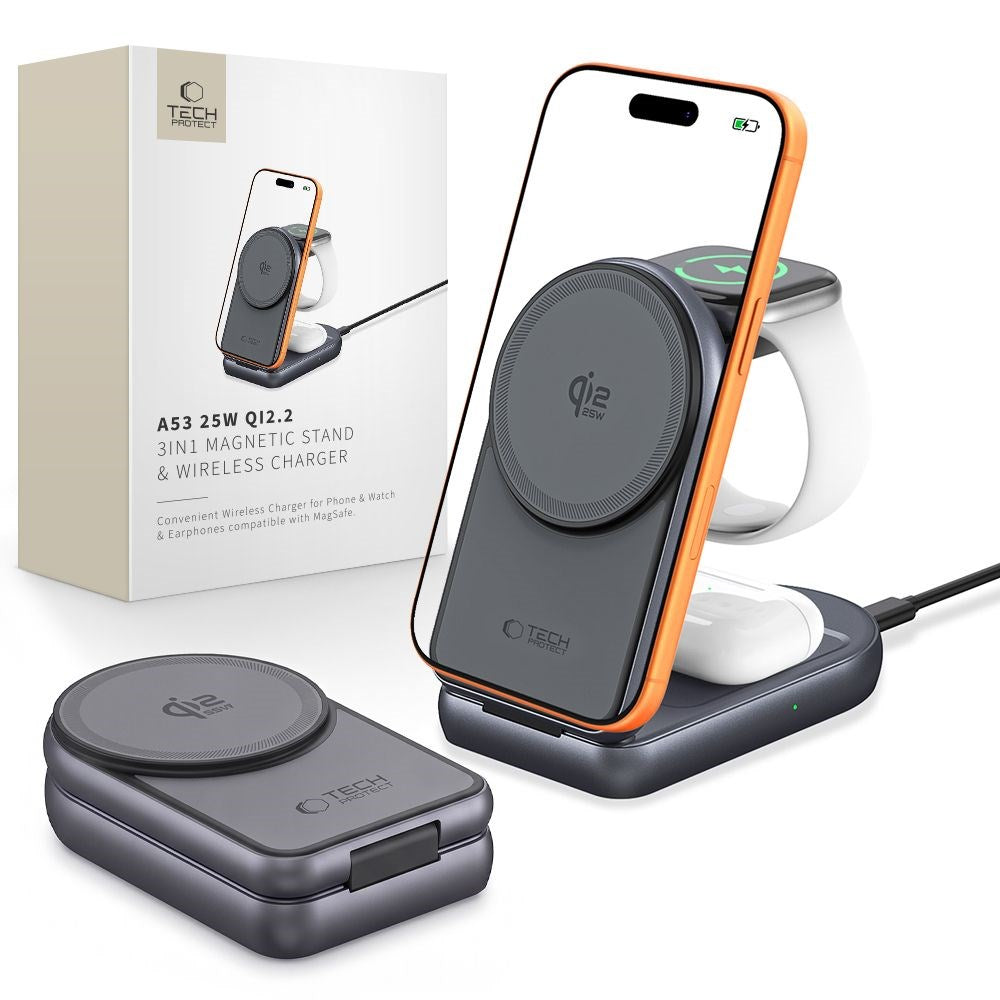 Tech-Protect A53 3-i-1 25W Trådlös Laddare: Smartphone & Smartklocka & Hörlurar - MagSafe / Qi2 Kompatibel - Mörkgrå