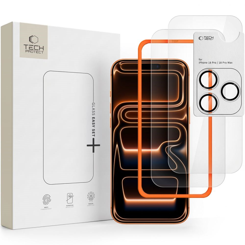 iPhone 18 Pro Tech-Protect Easy Set+ 3-i-1 Skyddspaket med Härdat Skärmskyddsglas och Kameralinsskydd - Genomskinlig