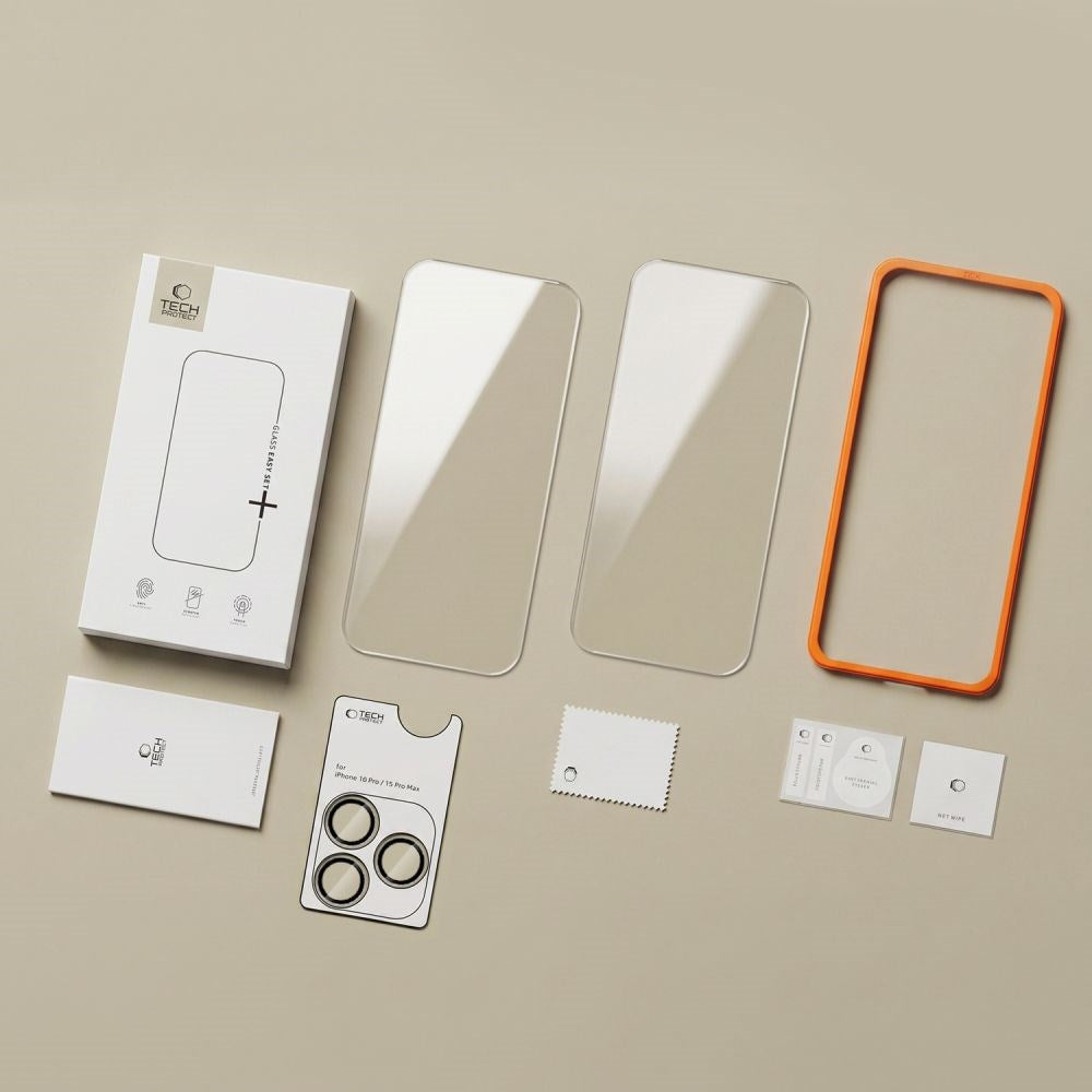 iPhone 18 Pro Tech-Protect Easy Set+ 3-i-1 Skyddspaket med Härdat Skärmskyddsglas och Kameralinsskydd - Genomskinlig