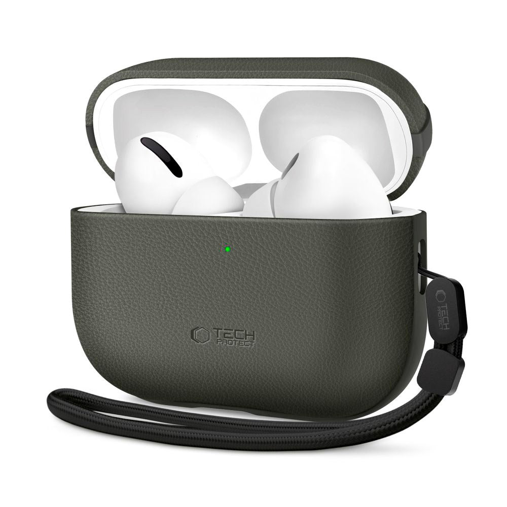 Apple AirPods Pro (3. gen.) Tech-Protect NaturalFit Konstläder Skal m. Rem - Grön