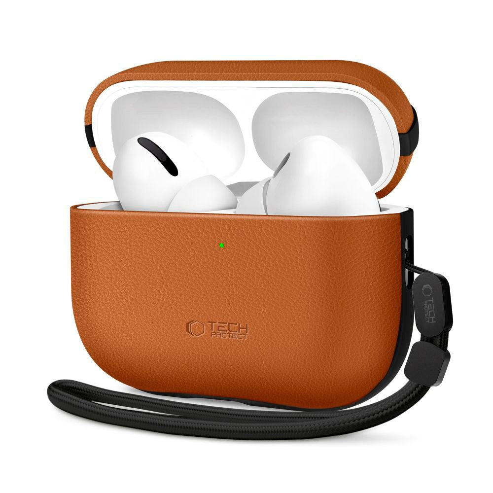 Apple AirPods Pro (3. gen.) Tech-Protect NaturalFit Konstläder Skal m. Rem - Brun