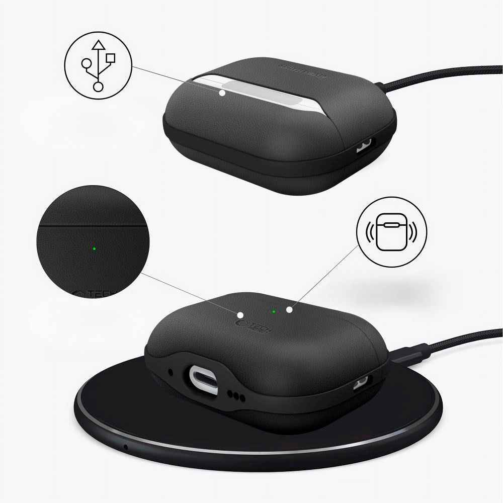 Apple AirPods Pro (3. gen.) Tech-Protect NaturalFit Konstläder Skal m. Rem - Svart