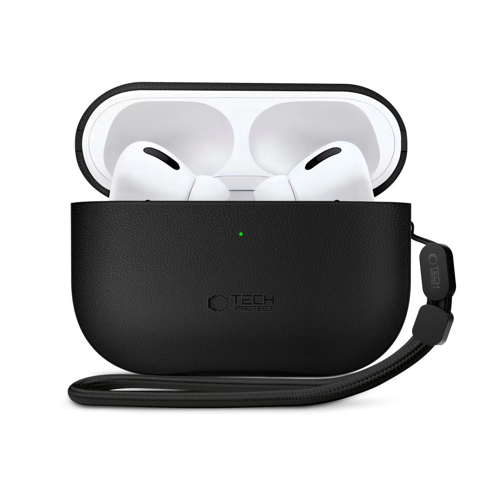 Apple AirPods Pro (3. gen.) Tech-Protect NaturalFit Konstläder Skal m. Rem - Svart