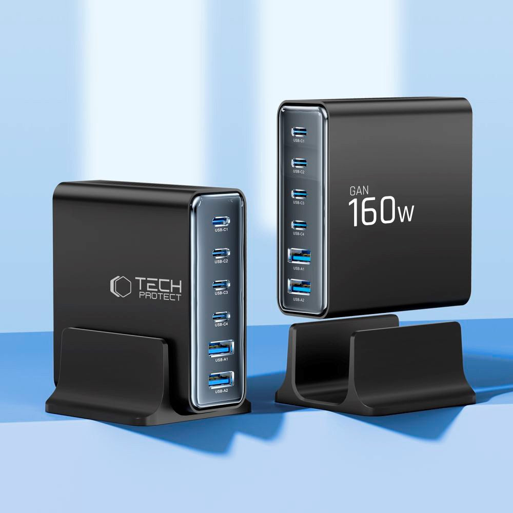 Tech-Protect 160W GaN Bordladdare m. 2 x USB-A & 4 x USB-C – Svart