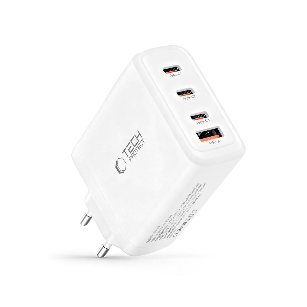 Tech-Protect 120W GaN Väggladdare m. 1 x USB-A & 3 x USB-C – Vit
