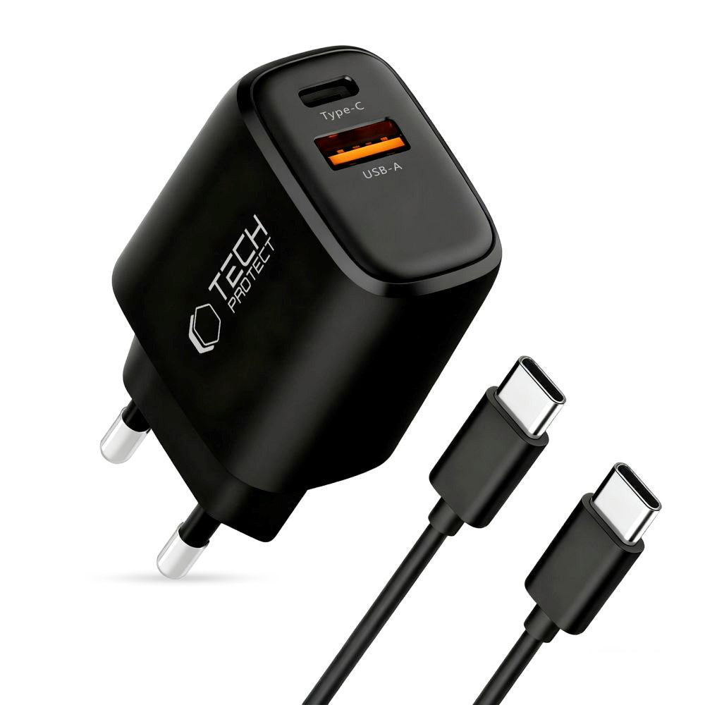 Tech-Protect 45W GaN Väggladdare m. 1 x USB-A / 1 x USB-C / 1 x USB-C till USB-C Kabel – Svart