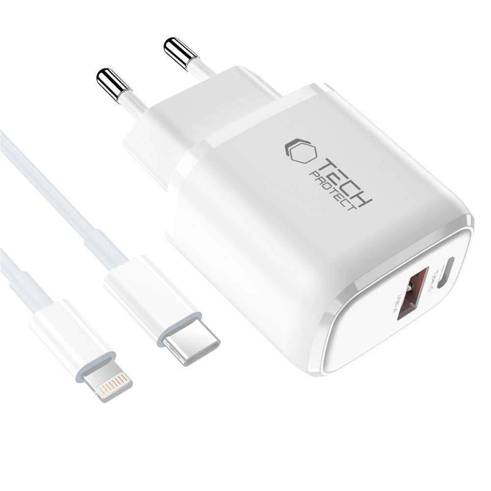 Tech-Protect 45W Väggladdare m. Lightning Kabel - 1 x USB-C & 1 x USB-A - Vit