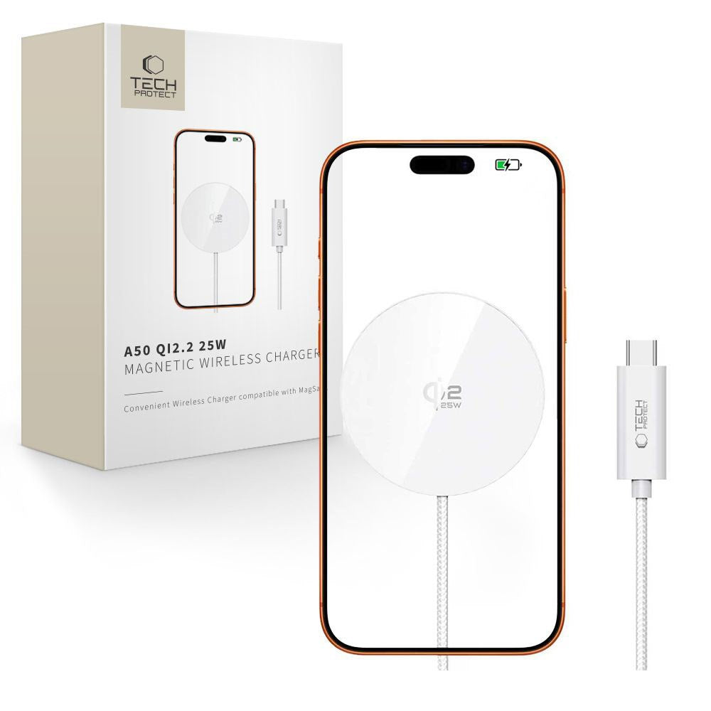 Tech-Protect 25W Qi2 Magnetisk Trådlös Laddare - MagSafe Kompatibel - Vit