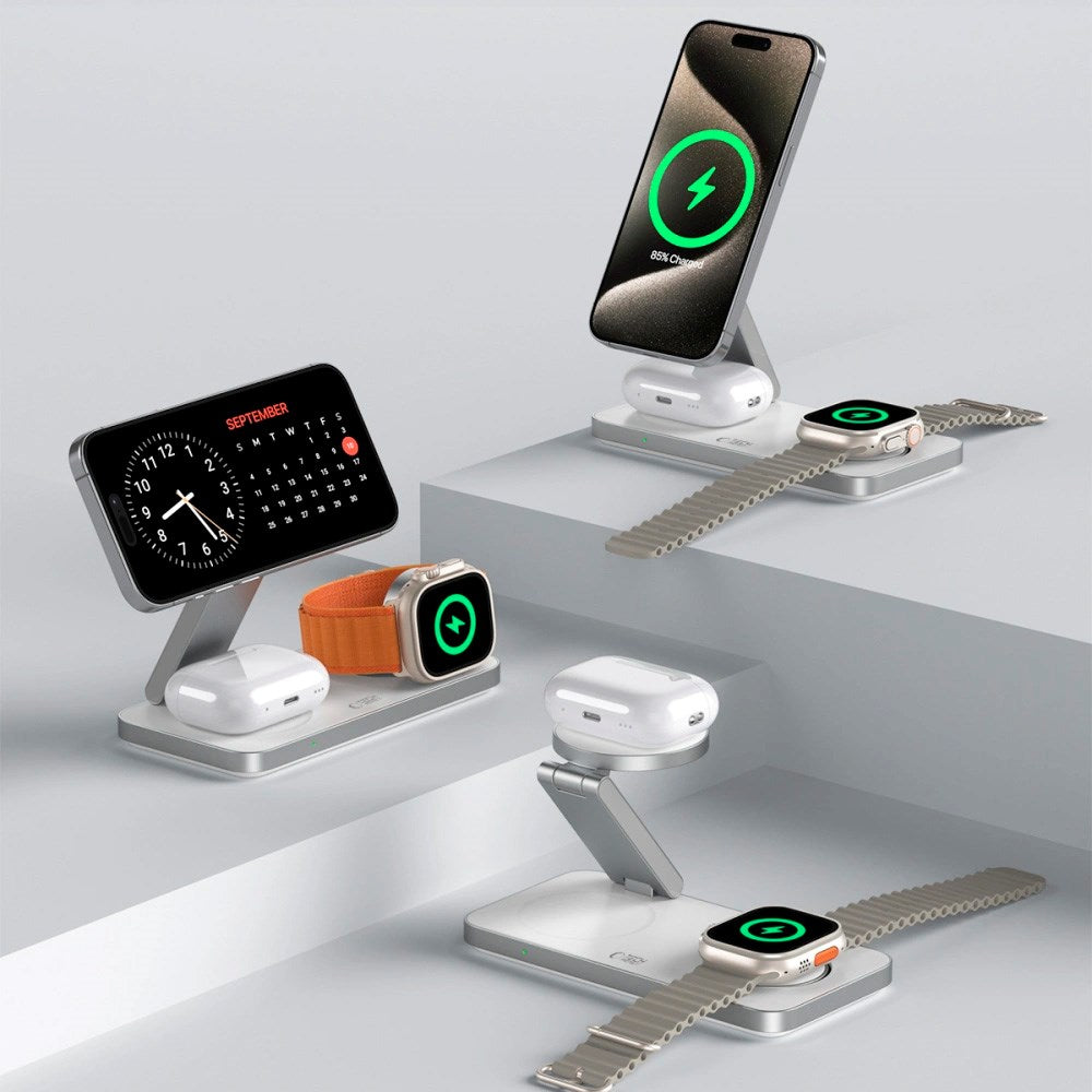 Tech-Protect 3-i-1 Magnetisk Trådlös Laddare - MagSafe Kompatibel - 15W - Vit