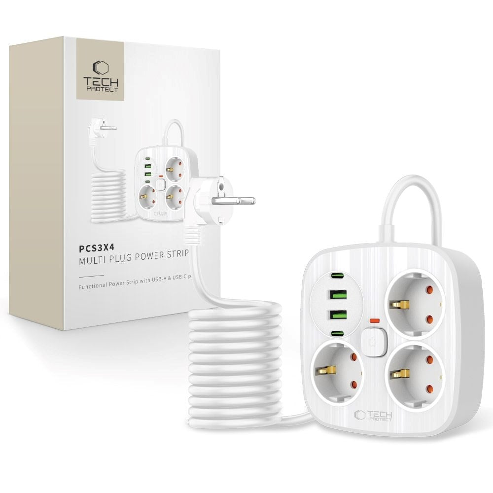 Tech-Protect Multifunktionell Grenuttag med 3 x Uttag / 2 x USB-A / 2 x USB-C - 2m - Vit