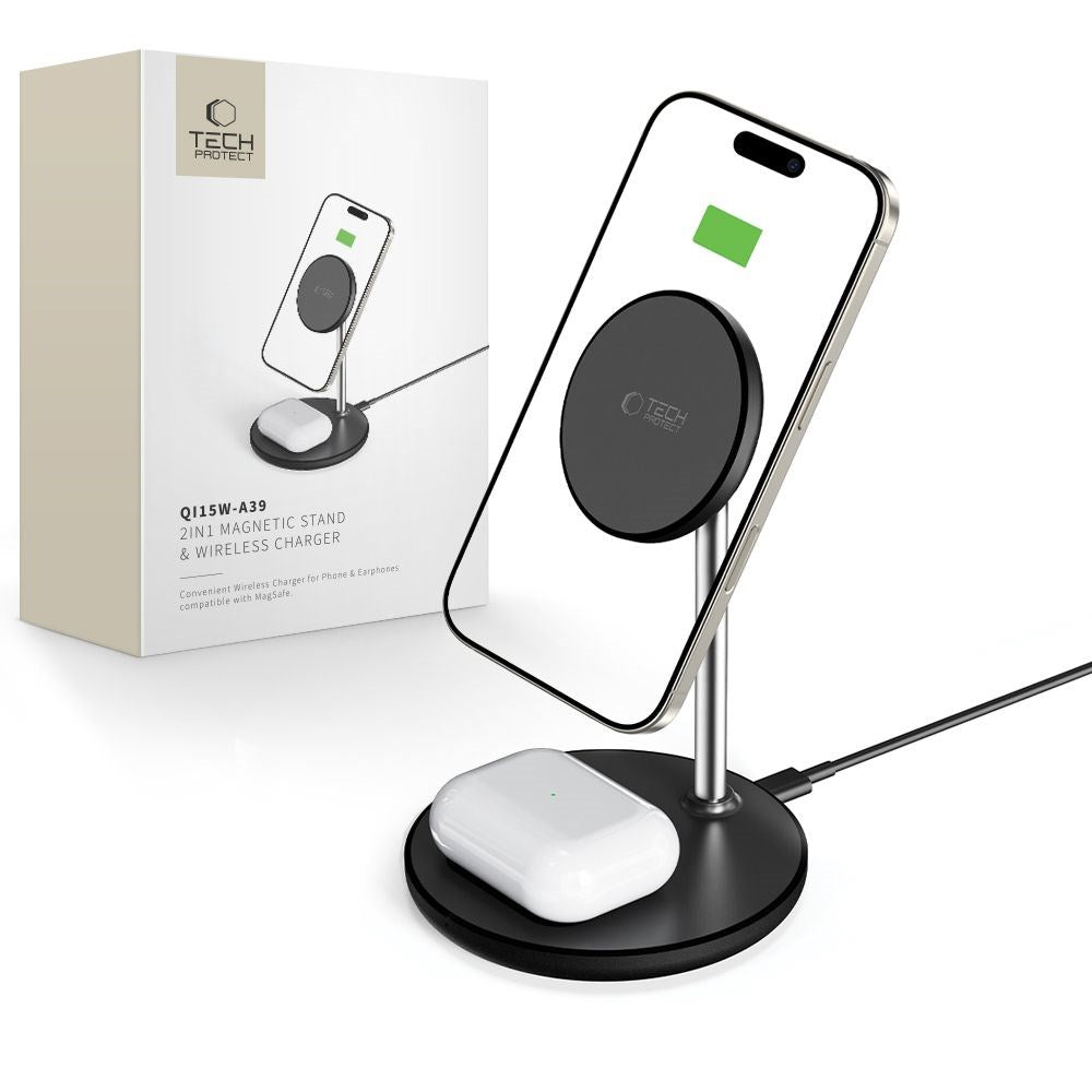 Tech-Protect 2i1 Magnetisk MagSafe Trådlös Laddare Qi15W-A39 - Svart