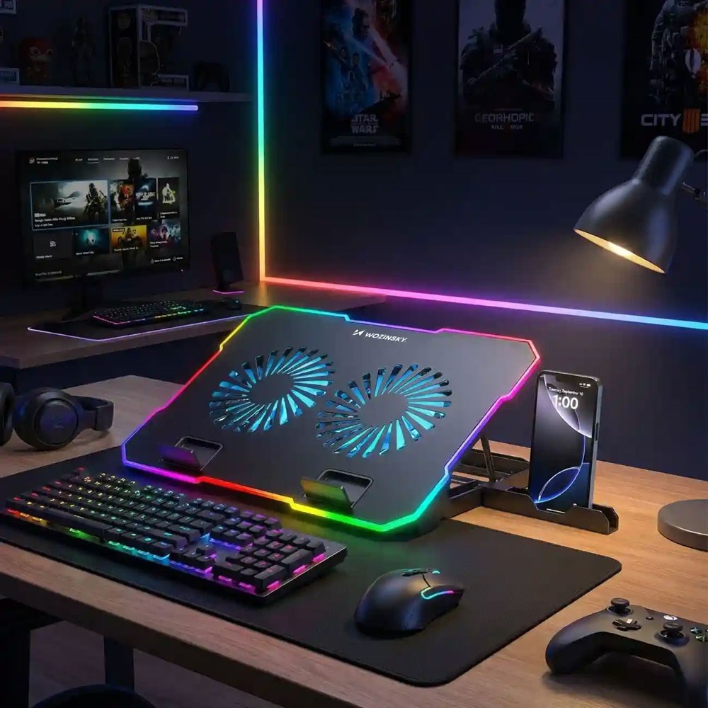 Wozinsky NitroCool Datorstativ med RGB-Belysning & Kylning - Svart