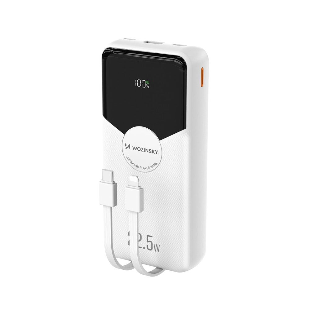 Wozinsky 20 000 mAh Powerbank med Inbyggd USB-C & Lightning-Kabel - Vit