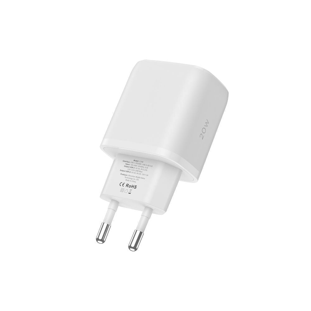 Tech-Protect 20W Väggladdare med 1 x USB-C & 1 x USB-A - Power Delivery - Vit