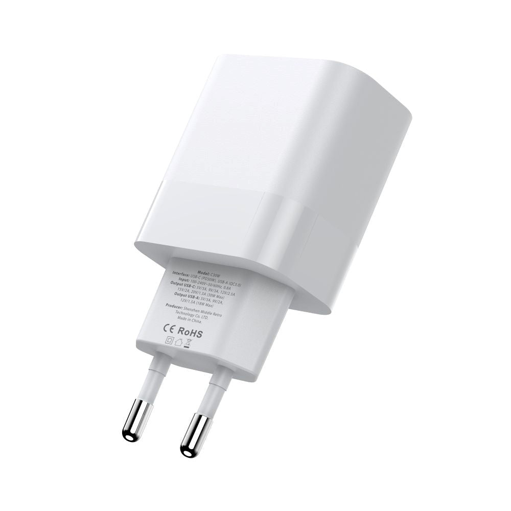 Tech-Protect 30W Väggladdare med 1 X USB-C och 1 X USB-A - Vit