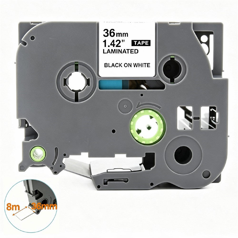 Kassett med laminerad märktape 8 meter kompatibel med Brother P-Touch-märkmaskiner Svart på vitt – 36mm