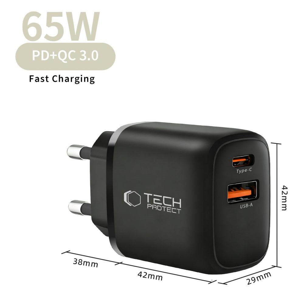 Tech-Protect 65W Väggladdare m. 1x USB-C & 1x USB-A - Svart