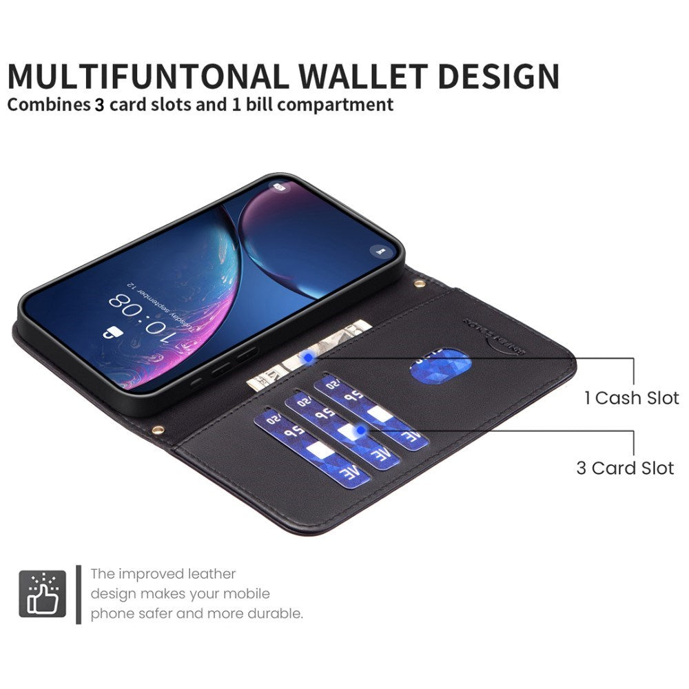 iPhone 16 Rutigt Konstläder Plånboksfodral med Rem - Svart