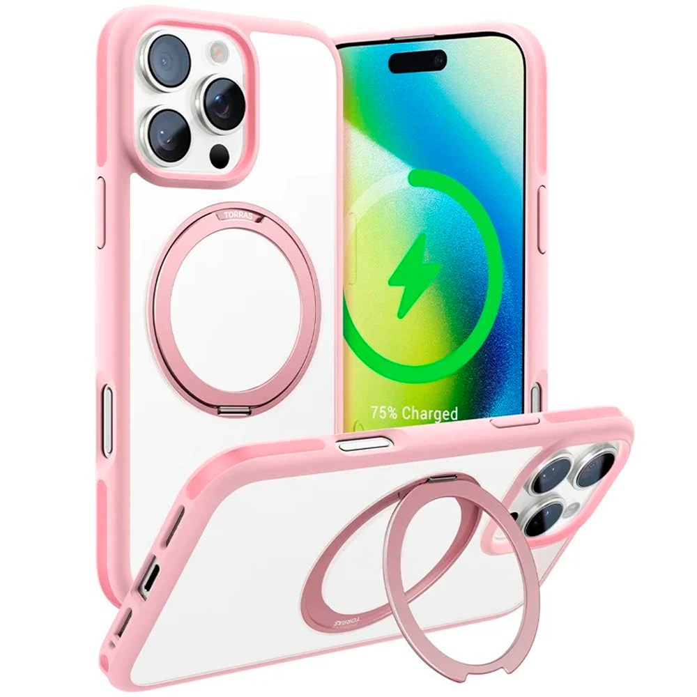 TORRAS iPhone 16 Pro Hybrid Plast Skal m. Roterbar Kickstand Ring - MagSafe Kompatibel - Transparent / Rosa