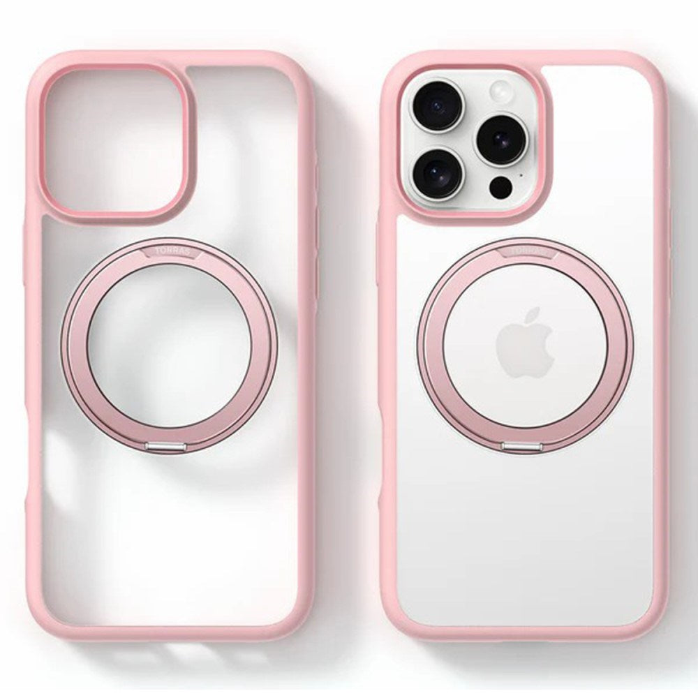 TORRAS iPhone 16 Pro Hybrid Plast Skal m. Roterbar Kickstand Ring - MagSafe Kompatibel - Transparent / Rosa
