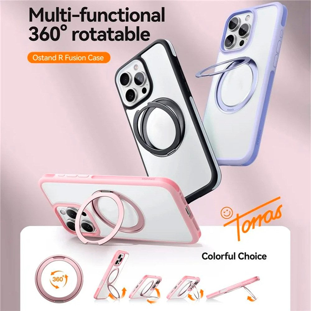 TORRAS iPhone 16 Pro Hybrid Plast Skal m. Roterbar Kickstand Ring - MagSafe Kompatibel - Transparent / Lila