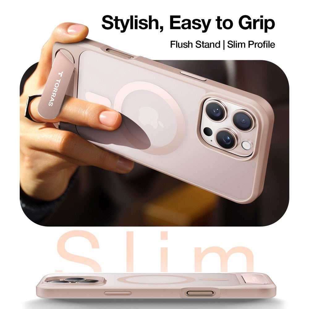 TORRAS iPhone 16 Pro Hybrid Skal m. Ställfunktion - MagSafe Kompatibel - Rose Gold